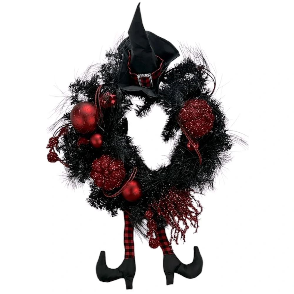 Bella Lux Halloween Witch Leg Wreath Red Black Glitter Baubles Pumpkin Hat Broom